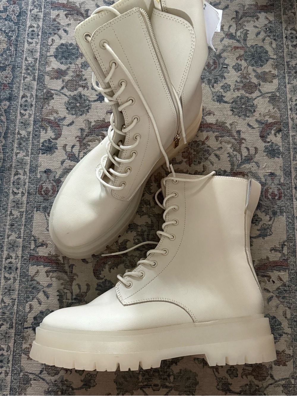 stradivarius Cream Lace-Up Platform Combat Boots - Picture 1 of 5